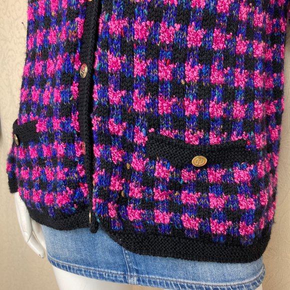 Emma Camusso Vintage Wool Chunky Knit Cardigan Pink Black Purple XL - Picture 4 of 14